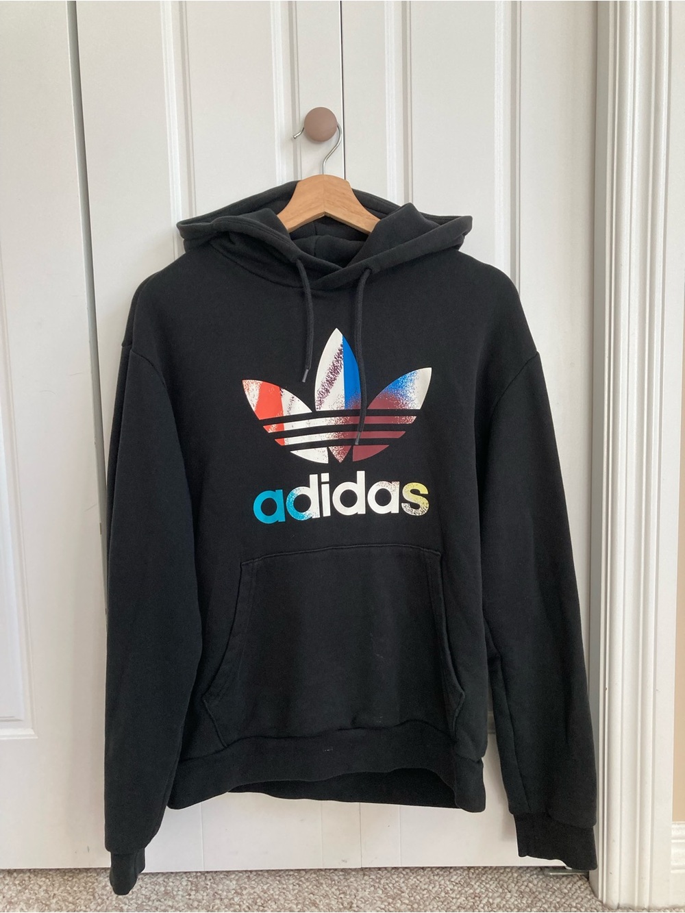 Adidas Black Hoodie with Multicolor Trefoil Print